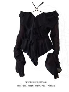 plus Size Womens French Style Long Sleeve V-Neck Chiffon Shirt Summer Hanging Neck One Shoulder Top Bubble Sleeve Loose Fit Commute