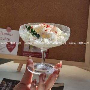 Trendy Vertical Striped Ice Cream Glass Cup Dessert Sundae Cup Yogurt Mousse Pudding Cup Nordic Style High Footed Glass Cup