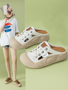 Closed Toe Half Slippers Sandals Genuine Leather Heelless Lazybones Shoes Summer Cut Out Breathable Ugly and Cute Plus Size Womens Shoes 41-43