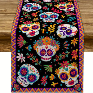1 Piece of Mexican Day of the Dead Themed Table Runner Decorated with Colorful Skulls and Flowers Suitable for Holiday Parties Themed Restaurants and Specialty Guesthouses.