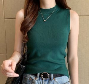 LUCKIN STORE Knitted Vest Womens High Neck 2025 Summer Loose Korean Large Size Bottoming Shirt Sleeveless Tops Women T-shirt S~3XL