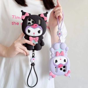Sanrio | Cute 3D Cartoon Kuromi Phone Case For iPhone 17 16 15 14 13 12 Pro Max Plus 17 Pro 16e Leg Holder INS Back Cover with Lanyard