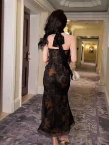 ZYHT Womens Black Halter Fishtail Vintage Dinner Dress High Quality Work Wedding French Dress 20518