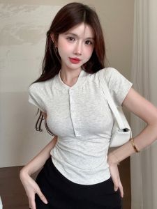 GUZILIAN | Design Sensation Womens Short Sleeve T-shirt Summer Slimming Base Layer Top Folded Hemline Gentle Inner Wear Korean Style