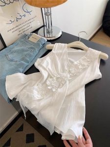 เสื้อเชิ้ตแขนกุดแฟชั่นฤดูร้อน 2025 สำหรับผู้หญิง ทรงหลวม ปกโปโล ทรงหลวม โพลีเอสเตอร์ เสื้อเชิ้ตแขนกุดแบบสวมหัว