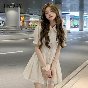 IELGY Korean style polo collar solid color short sleeve dress for womens niche