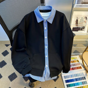 แจ็คเก็ต College Style American Retro Patchwork Plaid Sweatshirt Jacket แจ็คเก็ตผู้ชาย แจ็คเก็ตผู้หญิง แจ็คเก็ตฤดูใบไม้ร่วง แจ็คเก็ตสตรีท แจ็คเก็ตสีพื้น