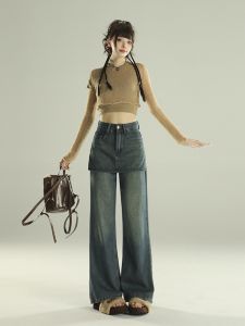 American Retro Wide Leg Denim Pants High Waist Zipper Closure Cotton Polyester Blend Blue Jeans for Women Autumn Wear