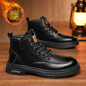 Mens Winter Warm Fleece Lined High Top mid Calf Motorcycle Style Martin Boots Anti Slip Fashion Work Shoes Retro British Style