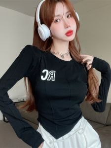 GUZILIAN | Versatile Casual Long Sleeve Round Neck Base Shirt Women Early Autumn Waist Cinch Leisure Match Inner Trendy Letter Print Top