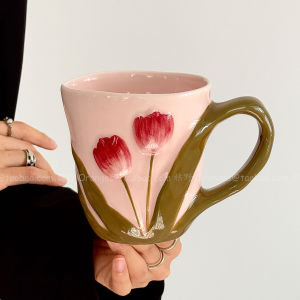 Cốc Thủy Tinh Sứ in Hoa Tulip Trang Trí Cổ Điển Tay Vẽ Cốc Đựng Nước Dung Tích Lớn Quà Tặng Cho Người Yêu Thích Phong Cách Retro