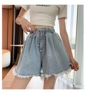 Womens Loose A-Line Denim Shorts High Waist Wide Leg Pants Black Frayed Hem Hole Design Summer Fashion plus Size Hot Pants