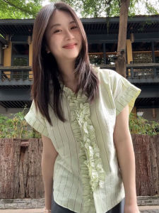 YUFUQING | French Green Polka Dot Stripe Loose Casual Short Sleeve Shirt Womens Summer New Style Lazy Fashion Top Round Neck Polyester Fiber