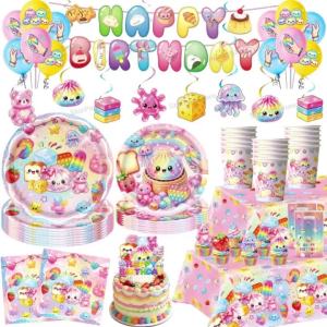 Kayou | Squishy Dumpling Birthday Party Decorations Paper Plates Cups Napkins Tablecloth Backdrop for Kids Baby Shower Party Supplies