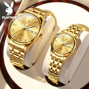 PLAYBOY Couple Watches Waterproof Luminous Double Calendar Diamond Dial Stylish Simple Stainless Steel Watch Gift For Your Lover