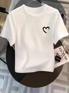 Pure Cotton White Short Sleeve T-Shirt Women Loose Fit High Waist Summer Top Korean Style Straight Cut Classic Pattern Printed