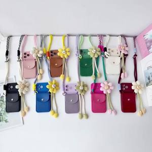 Flower Wallet Strap Case for iPhone 17 Pro Max Air 16 18 12 13 14 15 Plus Card Slots Crossbody Lanyard PU Leather Fashion Cover