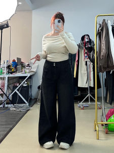 plus Size Womens Black Fleece Lined Wide Leg Jeans Straight Cut Pants Slimming for Pear Shaped Body High Waist Korean Style