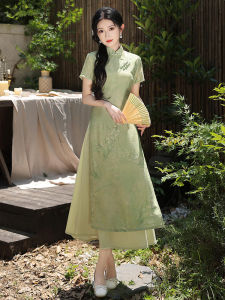 ชุดกี่เพ้าสีเขียวสไตล์วินเทจสำหรับสาวๆ ชุดกี่เพ้าผ้าโพลีเอสเตอร์ระบายอากาศได้ดี แขนสั้น ชุดทำงานฤดูร้อน