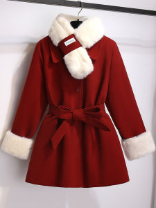 Red Woolen Coat Womens Belted Cotton Lined Autumn Winter New Style Chinese Traditional Fashion New Year Celebration Outerwear