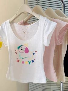 Summer New Style Bamboo Cotton Slim Fit Short Sleeve U-Neck T-Shirt Womens Anti-Aging Dog Print White Short Length Flying Sleeve Top