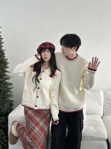 Couples Autumn Winter Knitted Cardigan Sweet Soft Style Color Block Butterfly Knot round Neck Sweater for Men And Women