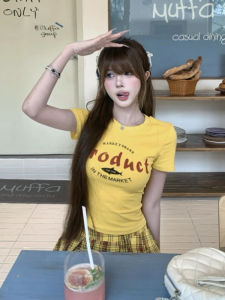 YUEZHONGWEI | American Retro Letter Print Yellow Short Sleeve T-Shirt Womens Summer Slim Fit Short Style Dopaamine Matching Upper Apparel