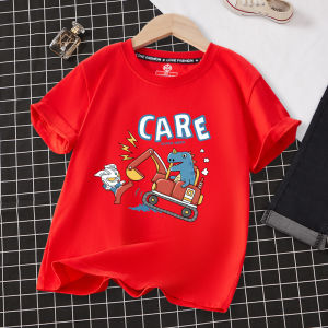 Boys Summer Short Sleeve T-Shirt Cartoon Dinosaur Print Pure Cotton Half Sleeve Base Shirt Casual round Neck Top for Kids