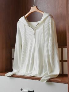 Spring 2024 Womens Loose Fit Zipper Knitted Cardigan Sweatshirt Hooded Thin Casual Versatile Outerwear Korean Style Long Sleeve