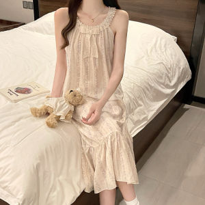 MONLEYTA | Sweet Round Neck Embroidered Sleepwear Nightgown With Butterfly Knot Home Clothes Summer New Style Silk Stripe CuiHua Pattern