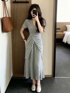 NIUVIES | Đầm Hai Mảnh V-neck Giúp Gầy Đẹp Màu Xám
