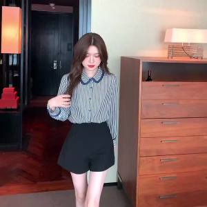 AMMIN 2024 Autumn new color contrast mesh lapel fashion single breasted vintage striped print chiffon shirt woman Korean style long sleeve elegant blouse