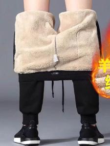 Mens Winter Thickened Fleece Lined Cotton Pants Loose Fit Windproof Waterproof Warm Casual Trousers Long Trousers Pure Color