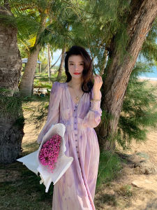 Princess Style Beach Vacation Skirt Purple Chiffon Womens Dress Slimming Waist High Waist Gradient Spring Autumn Long Sleeve