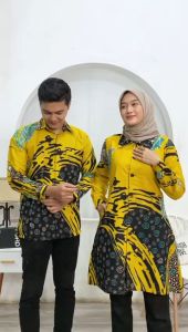 Batik premium couple kondangan kemeja tunik motif aprilia kuning by Osaka Jaya