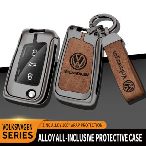 Genuine Leather Flip Remote Car Key Fob Case Cover Shell For Volkswagen VW Golf T-cross T-Roc Polo Passat Tiguan Allspace Touran Teramont Jetta Lavida Zinc Alloy Metal Holder Protector Keychain Styling Accessories