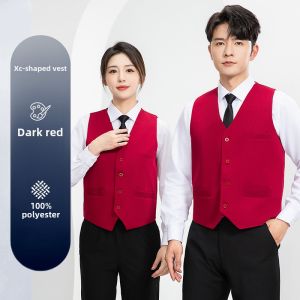 Professional Mens Vest Suit Waistcoat Hotel Restaurant Server Uniform Thin Polyester Fiber V-Neck Single Button Closure