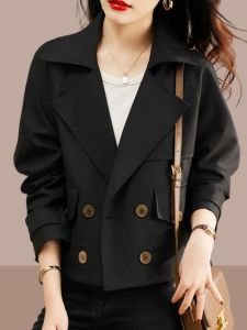Spring Autumn New Style Short Womens Coat Elegant Fashionable European Goods Polo Collar Double Button Long Sleeve Slim Fit