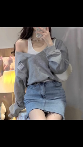 SelfLoveBuying Womens fake two-piece V-neck hanging neck T-shirt sweet and fashionable long sleeved top for girls 2701