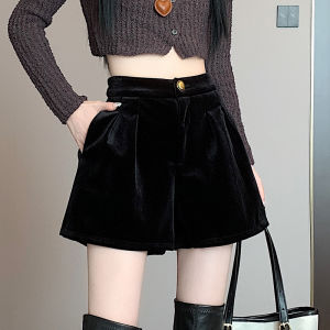 High Waist Velvet Shorts Womens Autumn Winter Loose Wide Leg A-Line Base Layer Boot Pants Korean Style Commute Simple Design