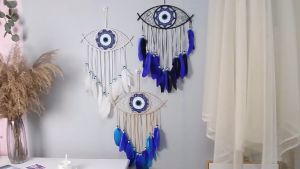 Evil Eye Dream Catcher Wall Hanging Crafts Crochet Details Handmade Beads Soft Colorful Feathers for Housewarming Christmas Gift Evil Eye Wind Chime Sun Moon Evil Eye Chime Chakra Glass Wind Chime Pendant Lucky Dream Catcher Wall Decoration 6 Cube Wind Ch