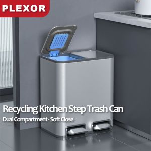 Plexor Rectangular Dual Compartment Pedal Recycle Bin with Inner Buckets Large Capacity Stainless Steel Kitchen Step Trash Can with Lid 18L/24L Foot Pedal Garbage Cans Soft Close Fingerprint Resistant Rubbish Bins for Kitchen、Bathroom、Office