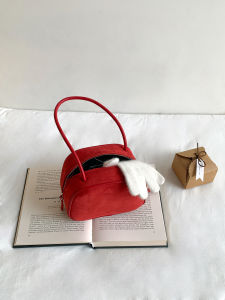 Elegant Red Suede Mini Square Bag Luxury Feel Unique Design Shoulder Bag for Women Stylish Accessory Soft PU Leather Handle