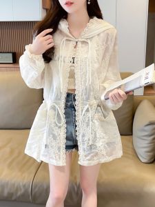 New Chinese Style Lace Heavy Embroidery Sun Protection Clothing Womens plus Size Mid-Length Drawstring Waistcoat Summer Thin Coat