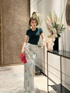 Váy Đuôi Cá Lụa Axit Acetate XuLu Custom-tallor in Họa Tiết Sang Trọng Váy Midi Cạp Cao Dáng Chữ A Mùa Hè 2024