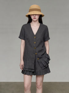 GULILI | Gray Linen Short Sleeve Shirt Pleated Skirt Pants
