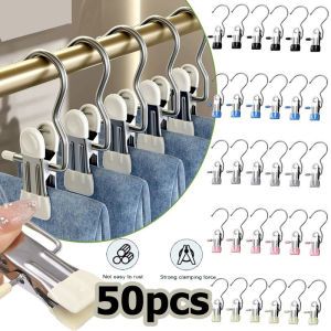 50pcs Stainless Steel Clothespins with Hook / Portable Hanging Clothes Clips / Wardrobe Clothes Organizer Hanger / Space Saving Clothes Pegs
