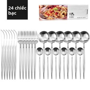 Bộ Đồ Ăn Bằng Thép Không Gỉ 24 Món Màu Đen Vàng - Bộ Dao Dĩa 6 Món Kiểu Tây Bao Gồm Thìa Dĩa Dao