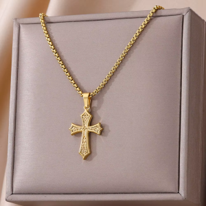Stainless Steel Cross Necklaces For Women Men Gold Color Religion Charm Choker Necklace Jewelry Gift Bijoux Femme Lucky Gift