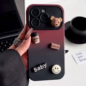  14 15Pro Max Silicone Case Cute Cartoon Bear Gradient Large View Window 3D Coffee Bear Female Model Popular Internet